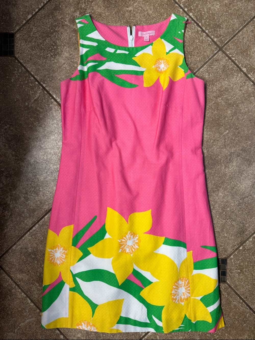 Lilly Pulitzer Pink Dress with Yellow Daffodil and Green Leaf Print